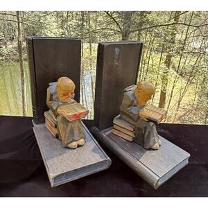 Vintage Wood Carved Monks Reading Books Sitting on Books Bookends Library Decor